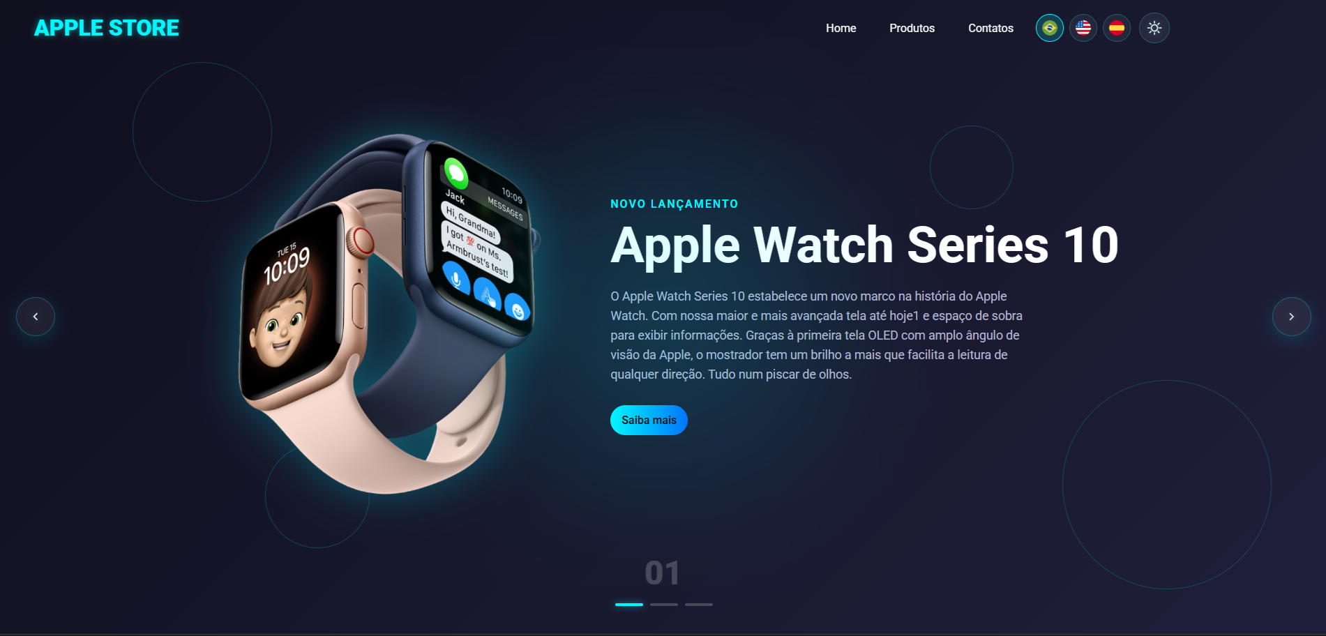 Apple Store — landing responsiva com tema claro/escuro e carrossel interativo