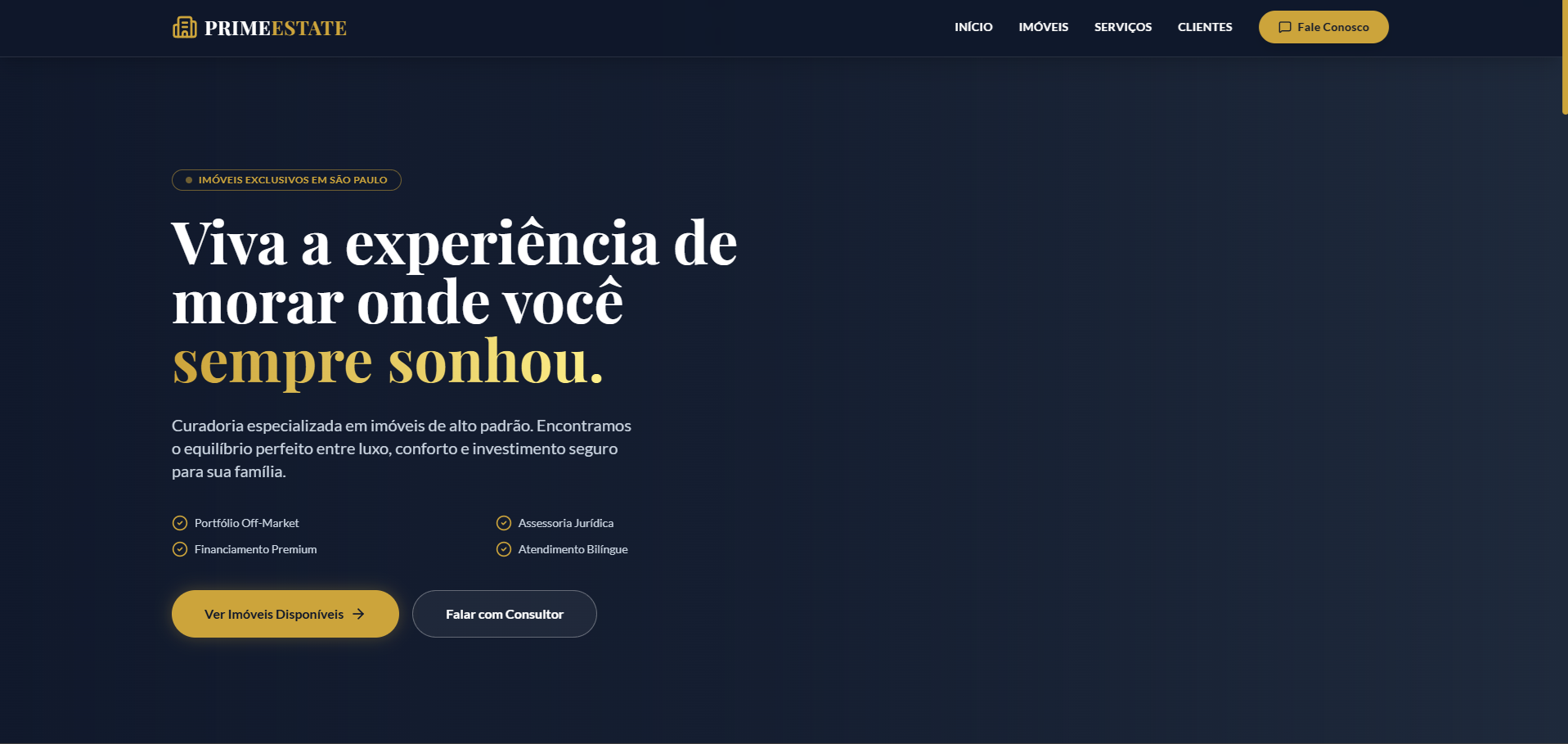 Imobiliária Prime Estate — site Institucional para imobiliária com design moderno e funcionalidades interativas