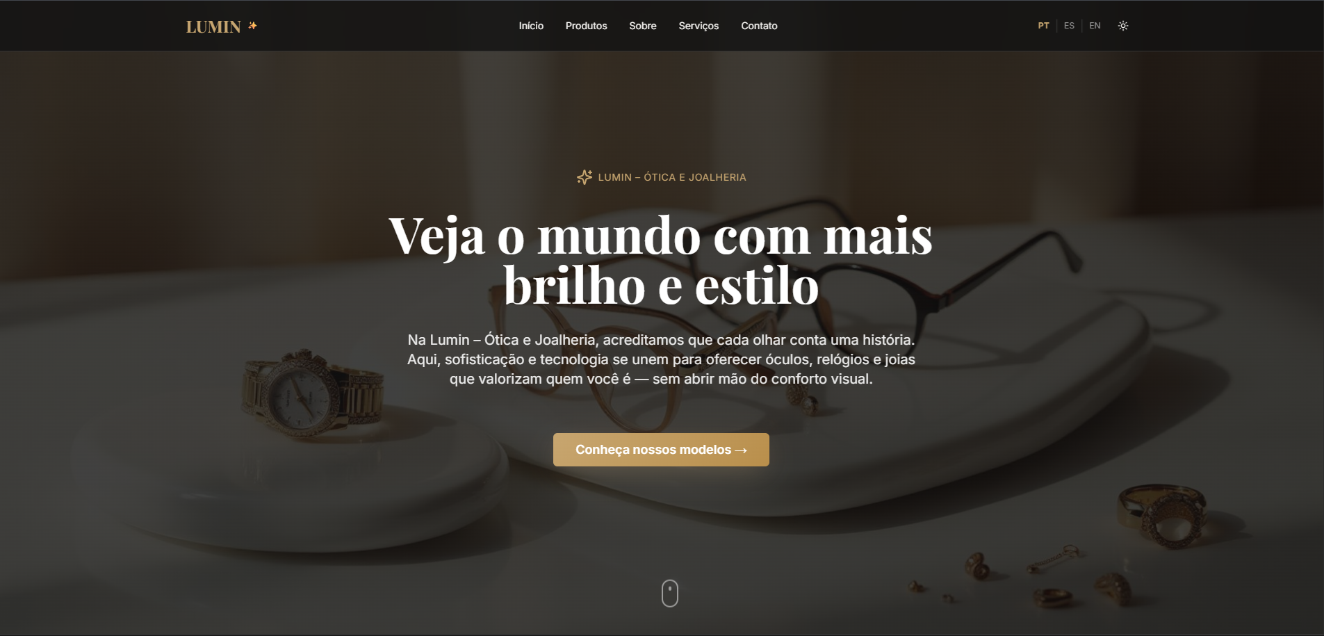 Lumin - Ótica e Joalheria — site para ótica e joalheria com design moderno e funcionalidades interativas